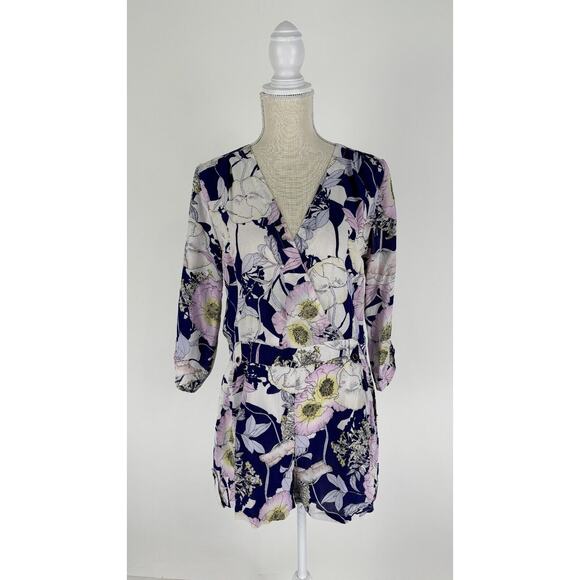 Yumi Kim Womens Bora Bora Navy Liz Floral Silk Romper Size Large Purple V Neck - Picture 1 of 15